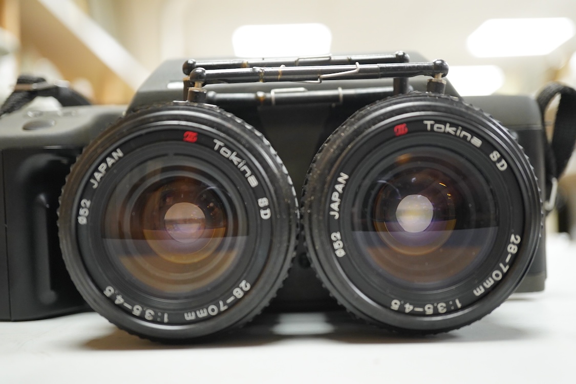 An RBT 3D X2 stereo camera, 35mm with full frame images, based on two KR-10M SLR's woth Aettl metering coupled with Tokina 28-70mm f3.5- 4.5 zoom lenses, in a fitted leatherette case